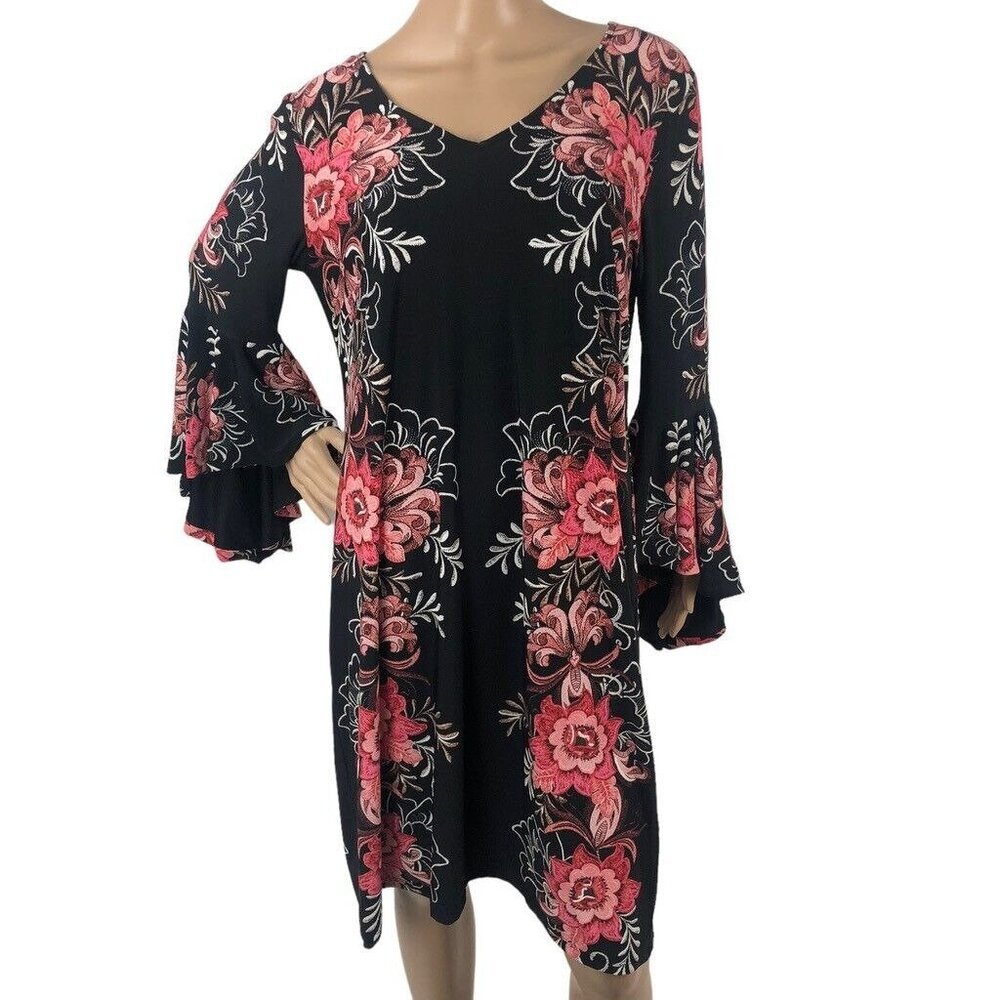 ROZ & ALI Boho 70's Floral Print Dress Waterfall Flare Sleeve‎ V-Neck Size 14